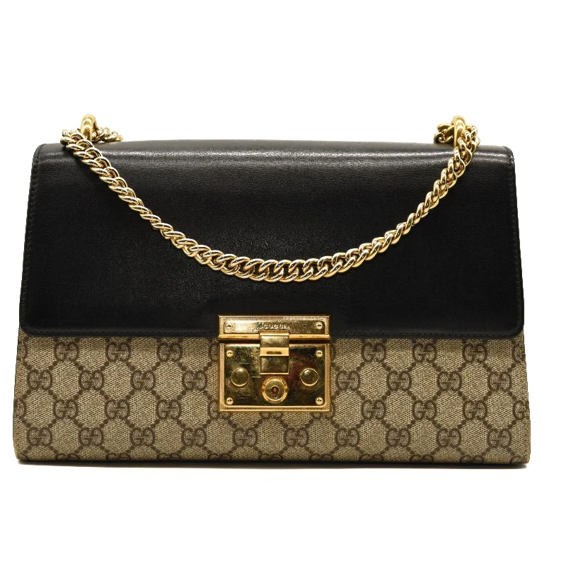 GUCCI GG Supreme Monogram Calfskin Medium Padlock Shoulder Bag Beige Black Cuir