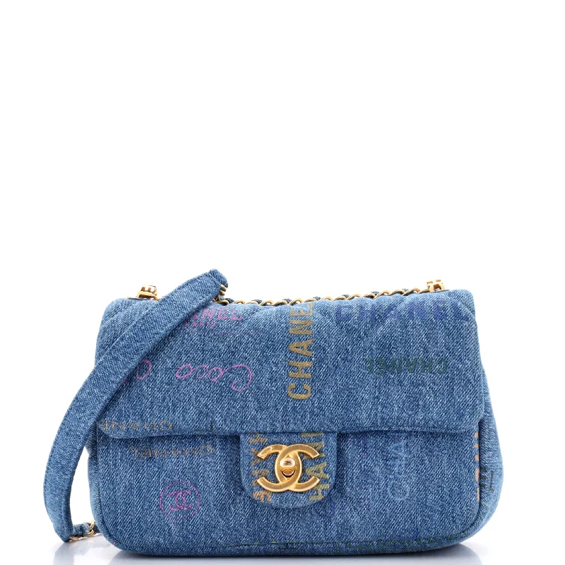 Denim Mood Flap Bag Logo Printed Quilted Denim Small