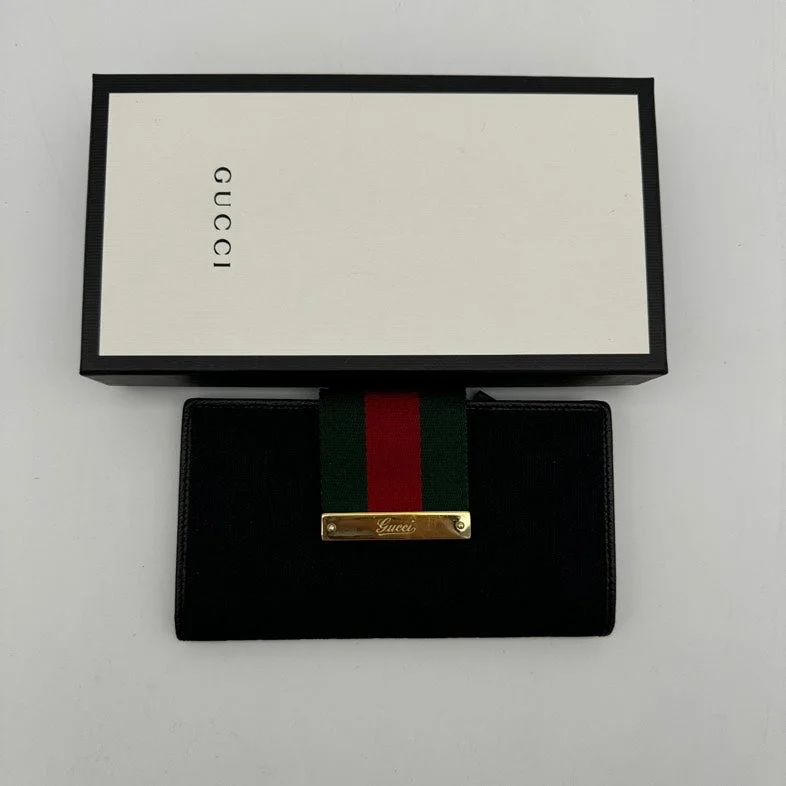 Gucci Black Canvas Leather Wallet with Red Green Stripe Closure Standard Size