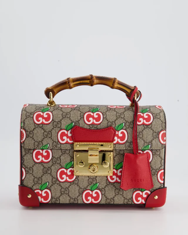 Gucci GG Supreme Padlock Apple Monogram Shoulder Bag with Bamboo Handle and Gold Hardware