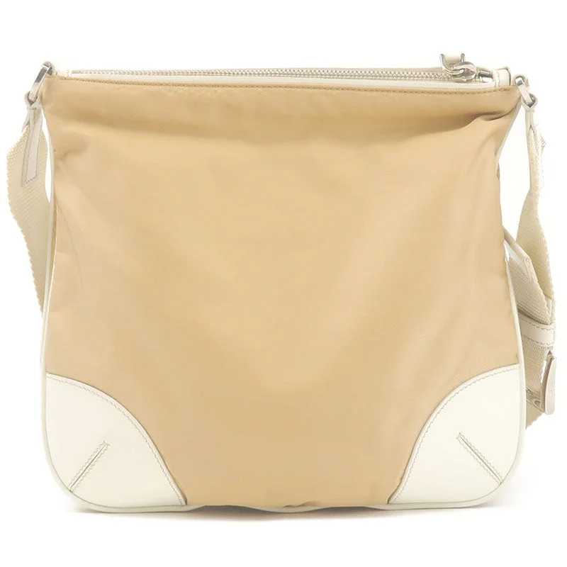 PRADA Nylon Leather Shoulder Bag Beige White