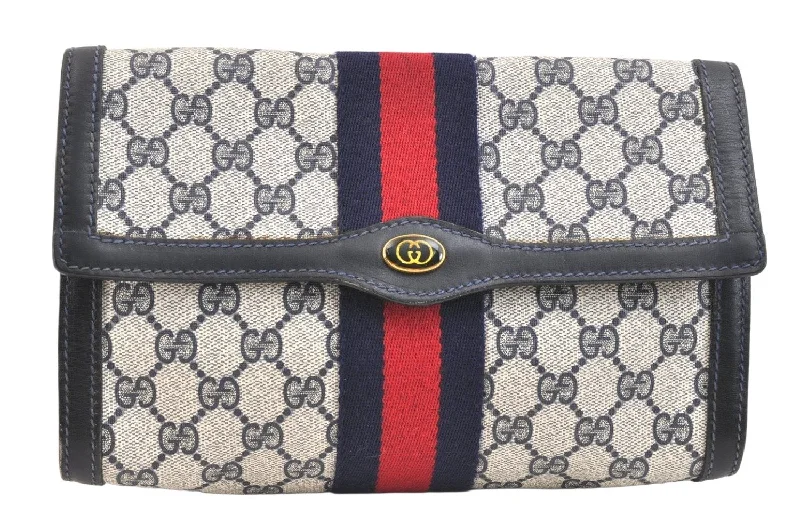 Authentic GUCCI Sherry Line Clutch Hand Bag GG PVC Leather Navy Blue Junk 6518K