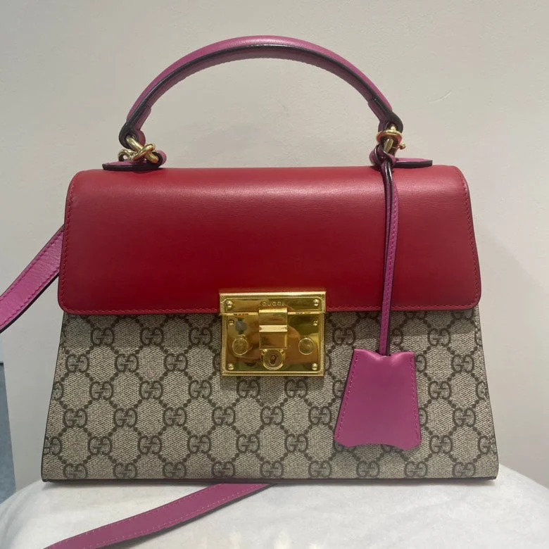 Gucci GG Supreme Padlock Top Handle Shoulder Bag,Red & Beige