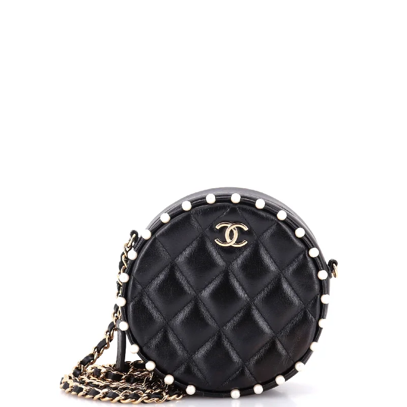 Round Clutch with Chain Quilted Calfskin with Pearl Detail