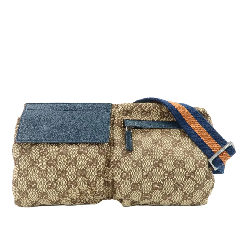 GUCCI GG Canvas Leather Waist Bag Waist Pouch Beige Navy 28566