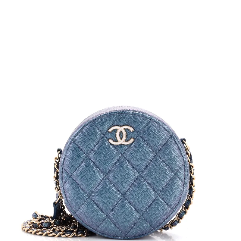 Round Clutch with Chain Quilted Iridescent Caviar Mini