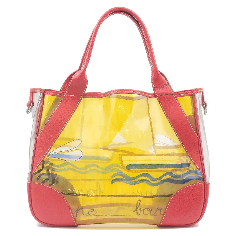 PRADA Vinyl Leather Print Tote Bag Beach Bag Clear Red