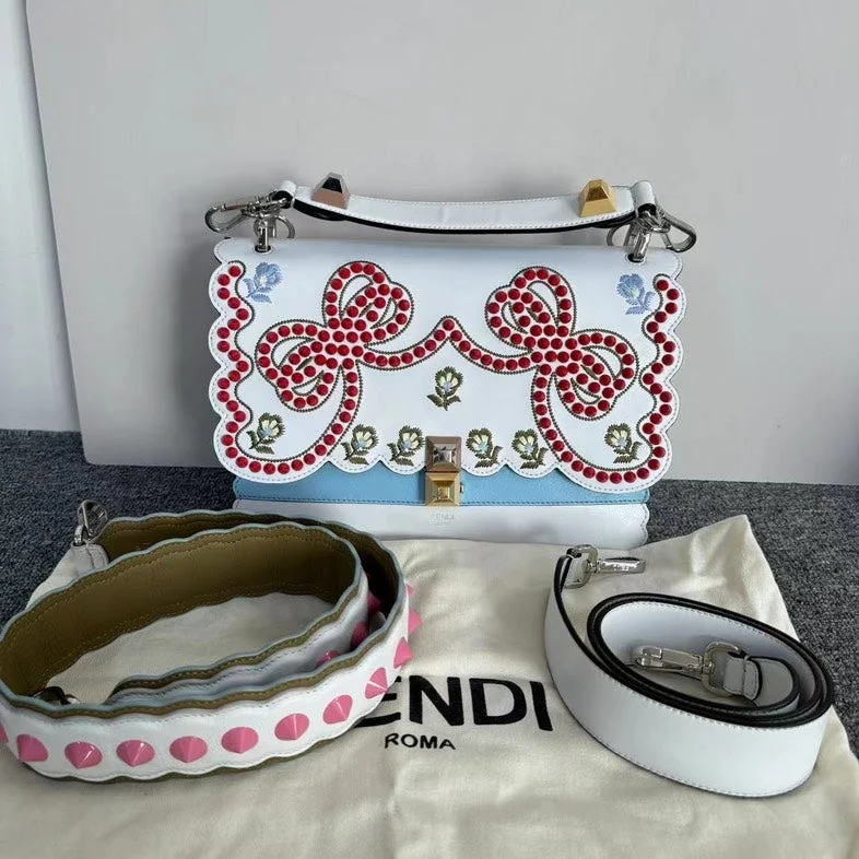 Fendi Kan I White Multicolor Embellished Leather Shoulder Bag Medium