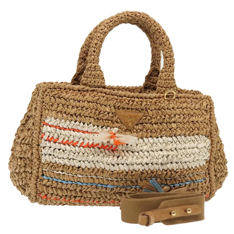 PRADA Canapa Hand Bag Raffia 2way Beige Gold Auth 88099