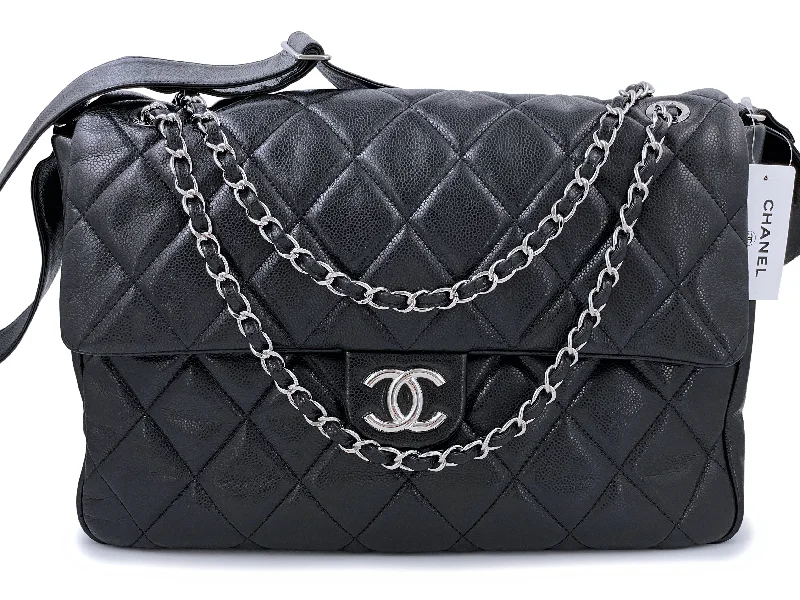 Chanel Black Caviar XXL Messenger Weekender Flap Tote Bag SHW