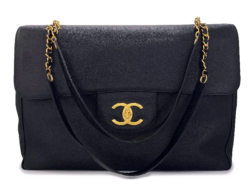 Chanel 1994 Vintage Black Caviar Supermodel XXL Flap Bag Weekender 24k GHW