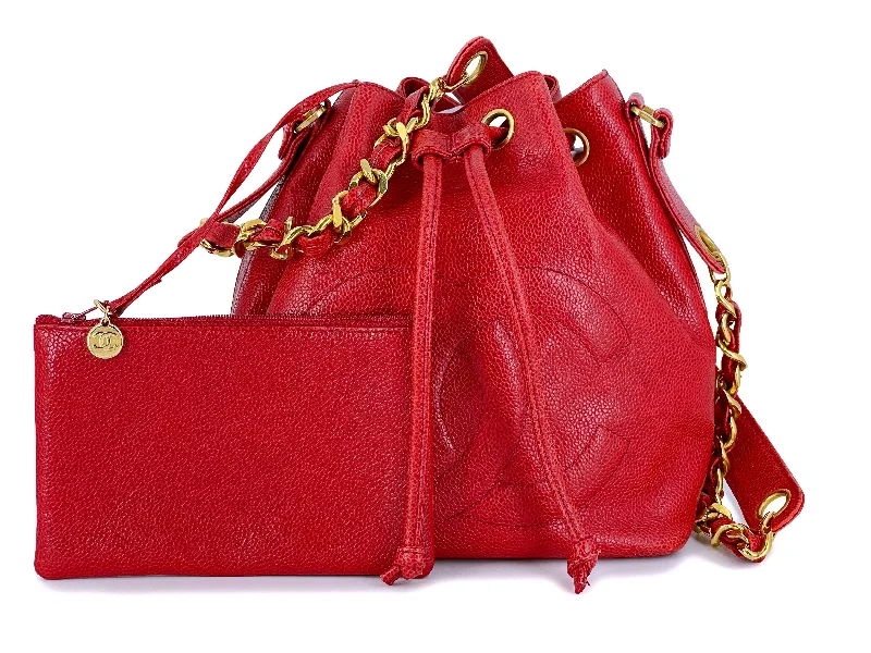 Chanel 1991 Vintage Red Caviar Drawstring Bucket Bag 24k GHW