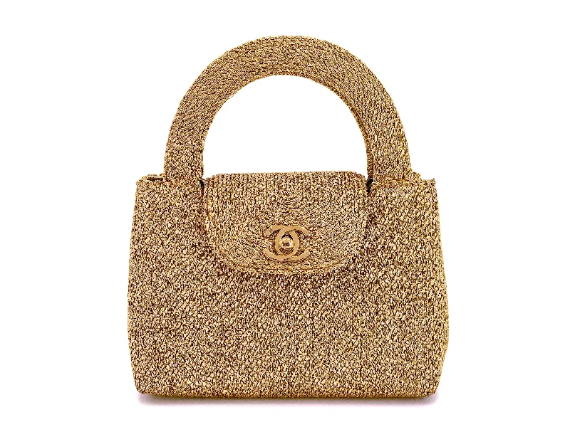 Chanel 1997 Vintage Gold Spun Raffia Micro Mini Kelly Evening Bag 24k GHW