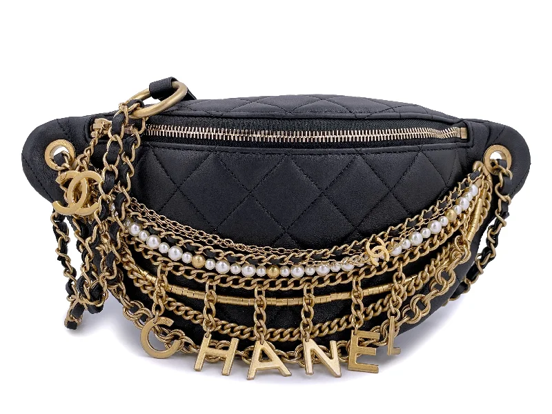 Chanel 19A Black All About Chains Pearl Fanny Pack Bag GHW