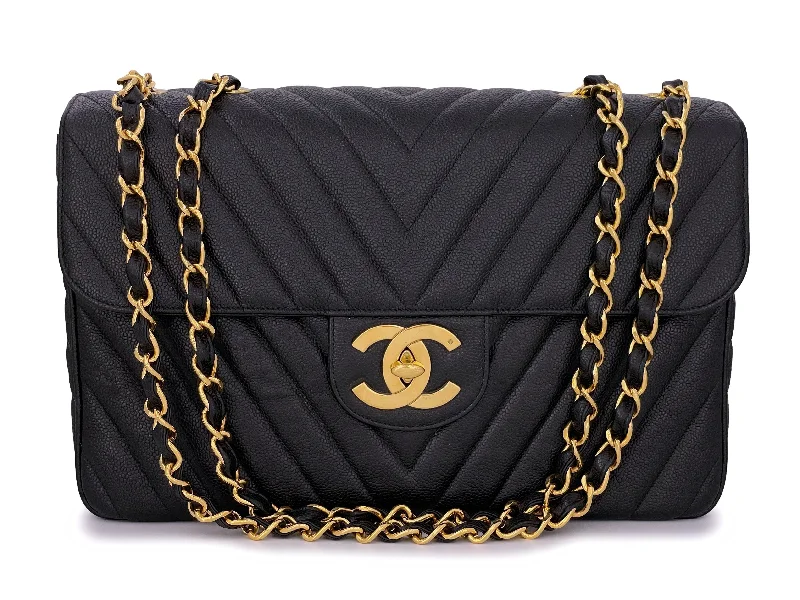 Chanel 1994 Vintage Black Caviar Chevron Maxi XL Classic Flap Bag 24k GHW