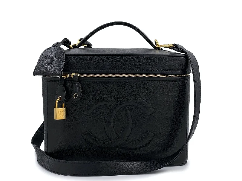 Chanel 1997 Vintage Black Caviar Large Vanity Trunk Bag with lock and strap