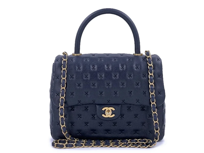 Chanel Paris-Rome Cross Stitch Handle Flap Bag Navy Blue GHW