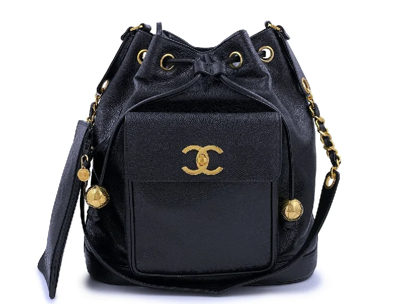 Rare Chanel 1994 Vintage Black Caviar Large Bucket Bag Front CC Pocket