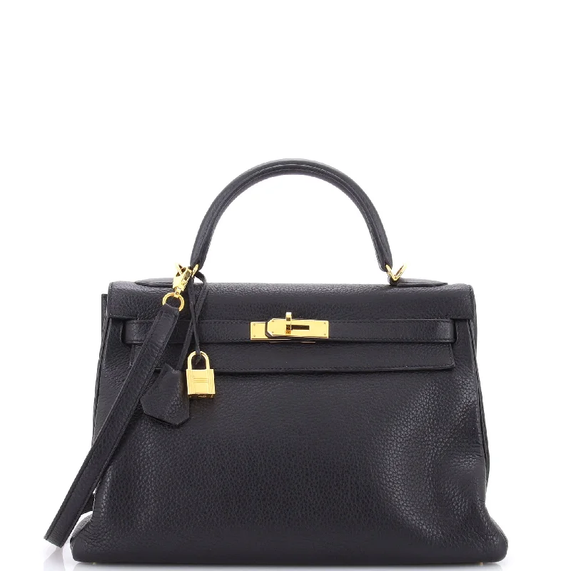 Kelly Handbag Noir Clemence with Gold Hardware 32