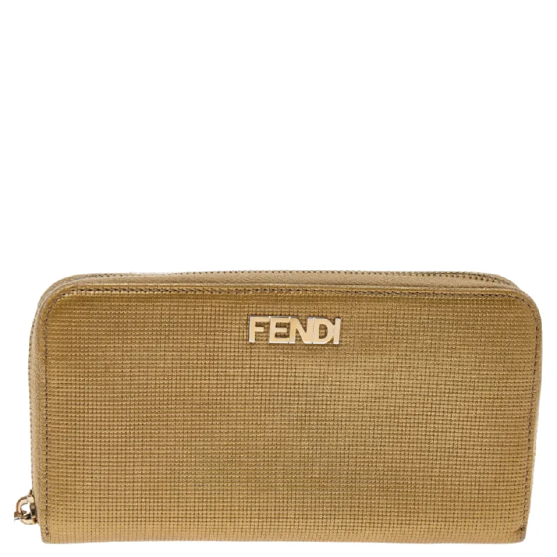 Fendi Gold Embossed Leather Zip Around Wallet